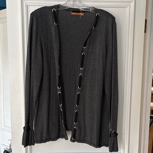 Charcoal Gray Cardigan Sweater with Grommet and Ribbon Detail